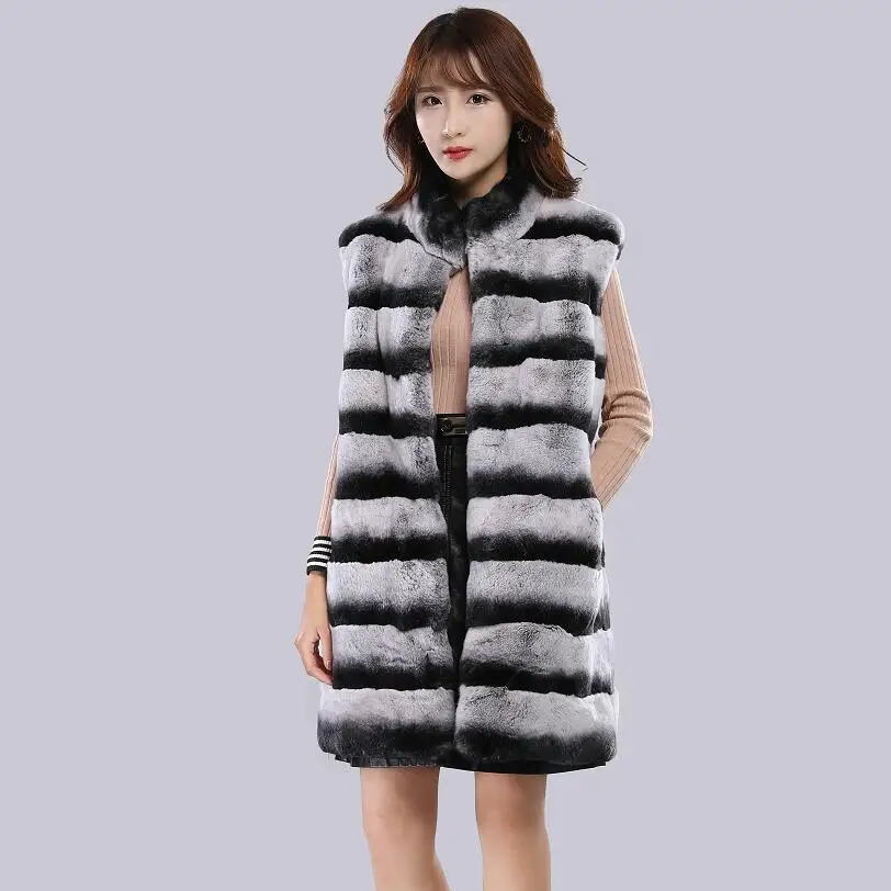 Real Rex Rabbit Fur Ladies Vest Jacket Real Fur Long Vest Rex Rabbit Fur Europe Stand Autumn and Winter Warm Fashion Thick Warm