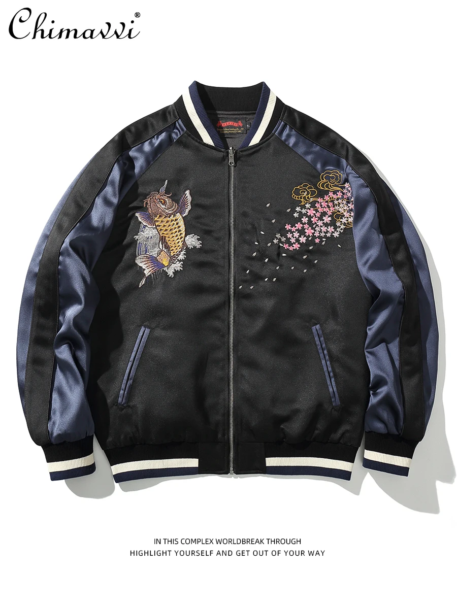 Jaket Yokosuka Baru 2025 Atasan Jersey Bisbol Bordir Ikan Mas Kepribadian Pria Fashion Mantel Longgar Lengan Panjang Tampan