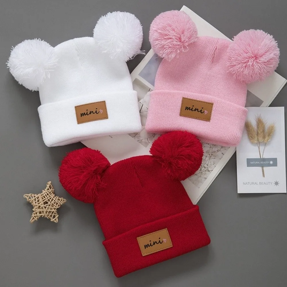 Double Ball 0-3 Years Old Infant Knit Beanie Windproof Breathable Baby Beanie Hats Soft Stretchy Infant Bonnet Autumn Winter - view 3
