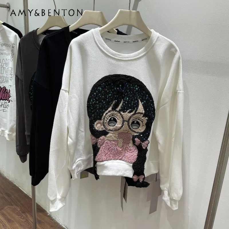 

Fashion Popular American Style Casual Retro Cartoon Girl Patch Round Neck Sweatshirt New Loose Slimming Top Long-sleeves Hoodies