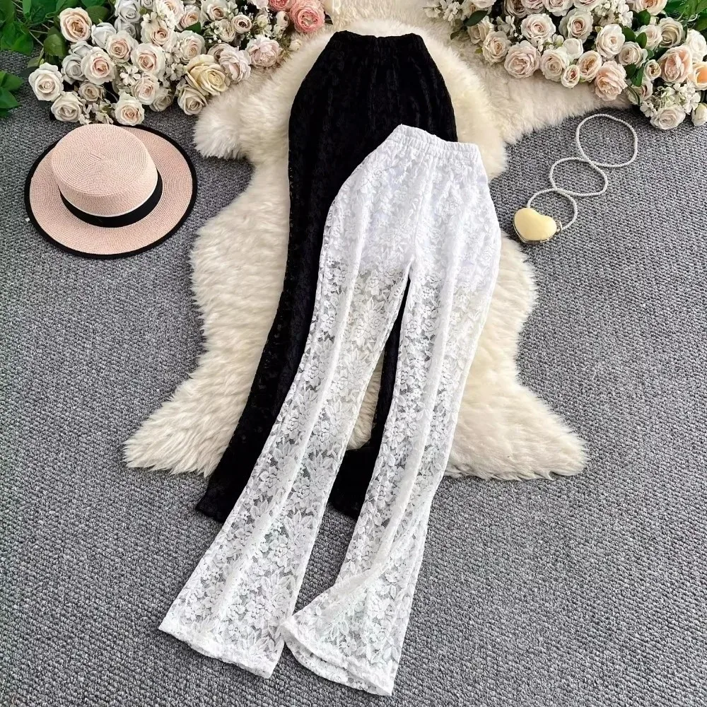 Sexy Hollowed Out Lace Pants High Waist Slimming Silhouette High Waist Trousers Drape Fabric Loose Wide Leg Shape