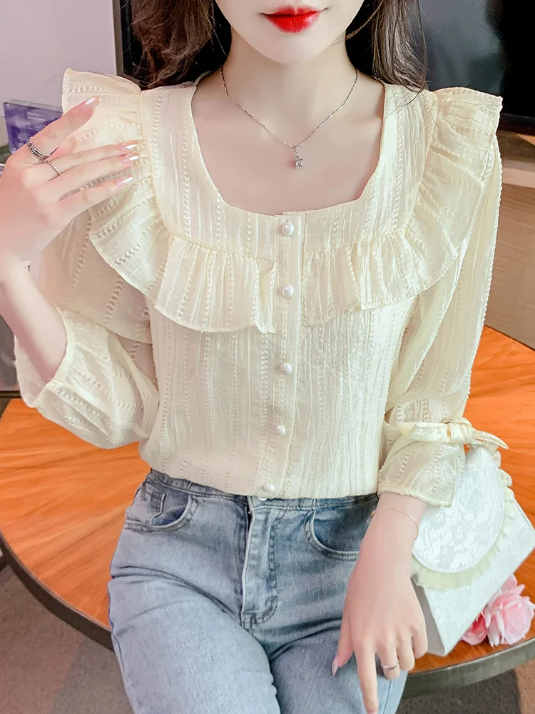 

Новая весенняя женская блузка из шифона с квадратным вырезом, рукавами-фонариками и оборками, свободного кроя, для повседневной носки