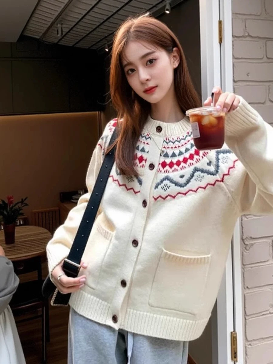 

Retro Print Fair Isle Knitted Open Cardigan Women's Autumn Winter Thiened Loose Soft Sweater Coat round Ne Long Sve