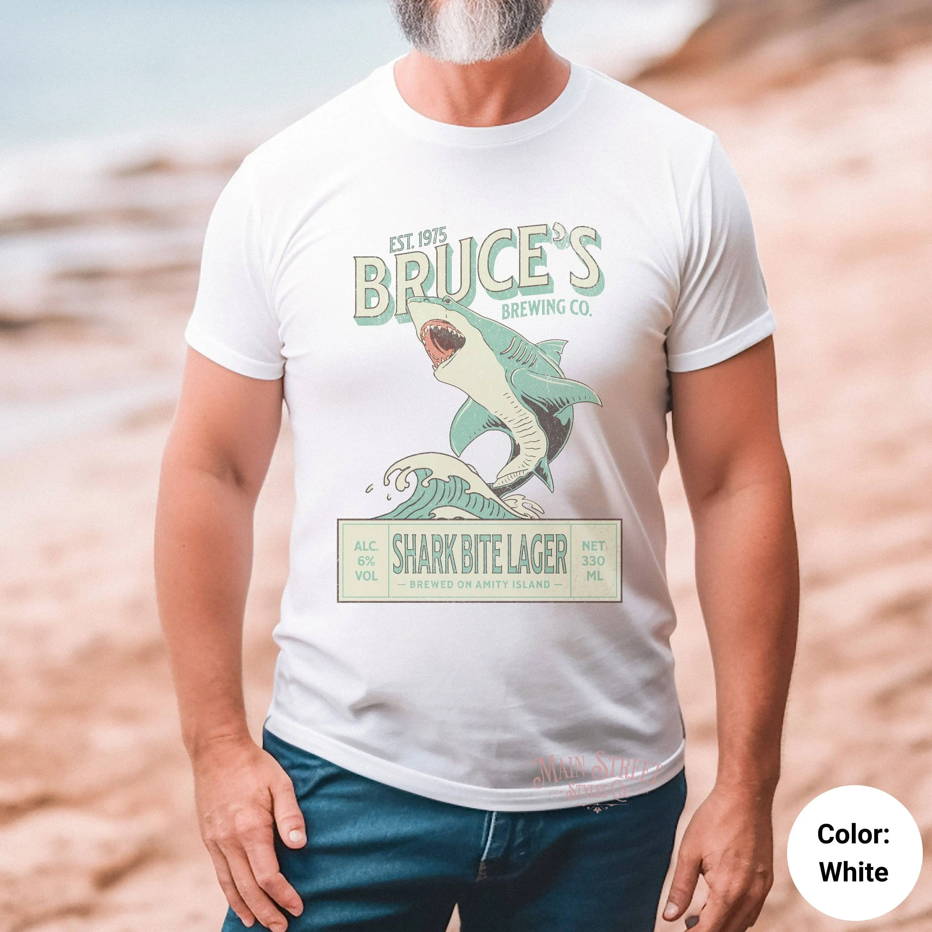 Jaws Shark T Shirt Bruces Brewing Co Bite Lager Bella Canvas Light Weight 70S Movie Nostalgic For Him