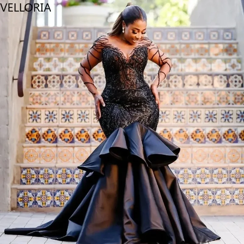 

African Women's Black Shining Mermaid Evening Dress Sheer Sleeve Beaded Ruffle Train Formal Gown Plus Size Party Gown Customized
