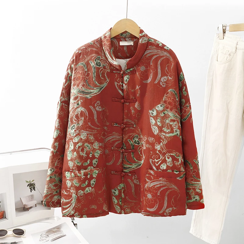 

Elegant Anti-Aging Floral Cotton Jacket Thickened Stand Collar Button up Chinese Style Women's Coat Long Sleeve Winter Clothes