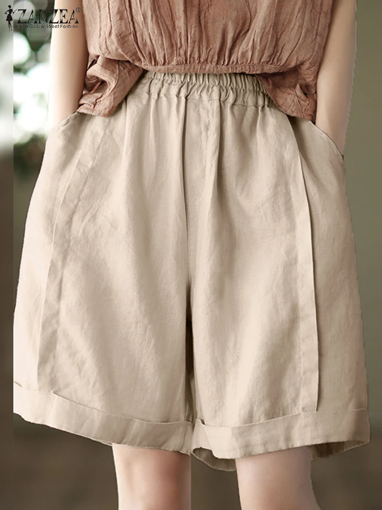 Summer Women Shorts ZANZEA Casual Elastic Waist Baggy Shorts Vintage Solid Loose Beach Pantalon Retro Holiday Pant Trousers 2025