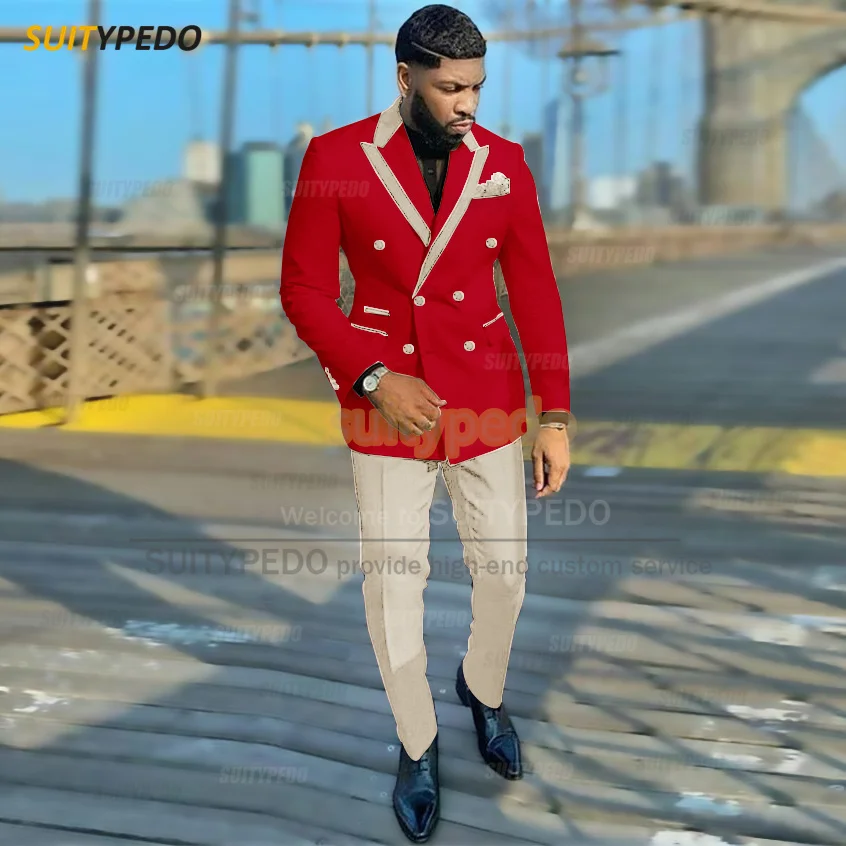 Classic Red Suit Set For Men Wedding Party Grooms Fashion Blazer Pants 2 Pieces Evening Dinner Custom Slim Fit Luxury Outfits