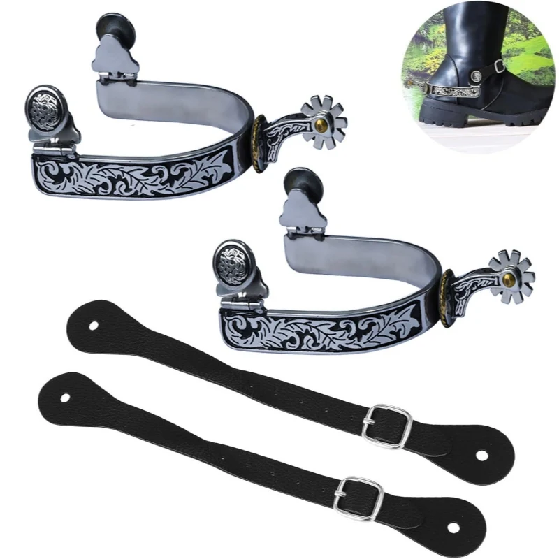 1 Pair Western Cowboy Spurs with Belts Horse Spurs for Men Stainless Steel Spurs Classic Roping Boot Spurs for Training
