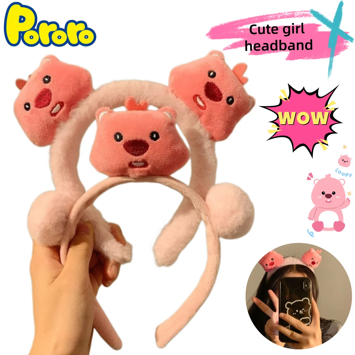 Pororo Loopy Cartoon Niedlicher Haarreif Mädchen-Herz-Kopfschmuck Hochwertiger Kreativer Gesichtswasch-Foto-Haarschmuck Stirnband
