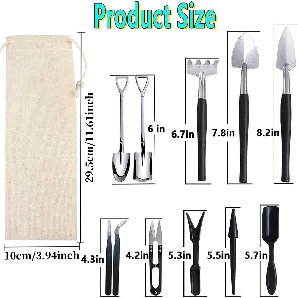 12 Piece Tool Set for Indoor Gardening For succulents and Small Container Plants Includes Rake Shovels Shears Tweezers and Bag