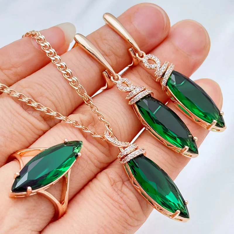Kinel Heißer Glänzende Raute Grün Natürliche Zirkon Ring Ohrringe Halskette für Frauen Trend 585 Rose Gold Farbe Täglichen 3 stücke schmuck Sets
