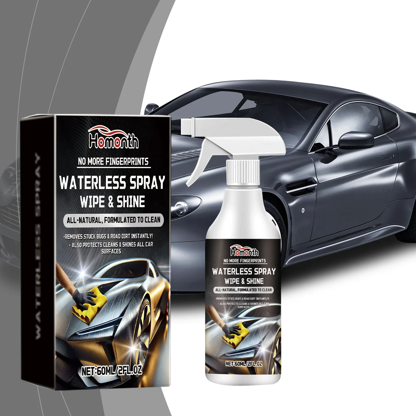 

60ml Waterless Car Cleaner Spray - Quick Detailer for Exterior, Removes Dirt & Fingerprints, No Rinse Needed, Streak-Free Shine