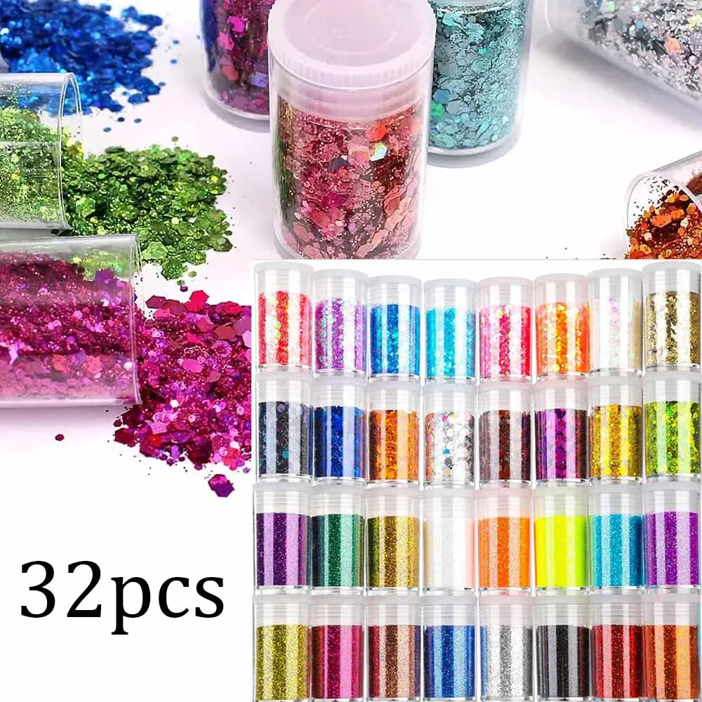 

32pcs Holographic Iridescent Nail Art Sequins Sparkly Fine Rainbow Glitter Powder For Crafting/Eyes/Face Manicure Rubbing Dust