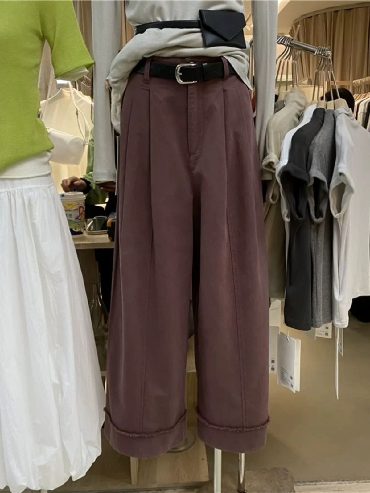 High Waist Wide Leg Pants Women's Spring 2025 Casual Loose Fit Trousers with Frayed Hemline Slimming Straight Floor-Length