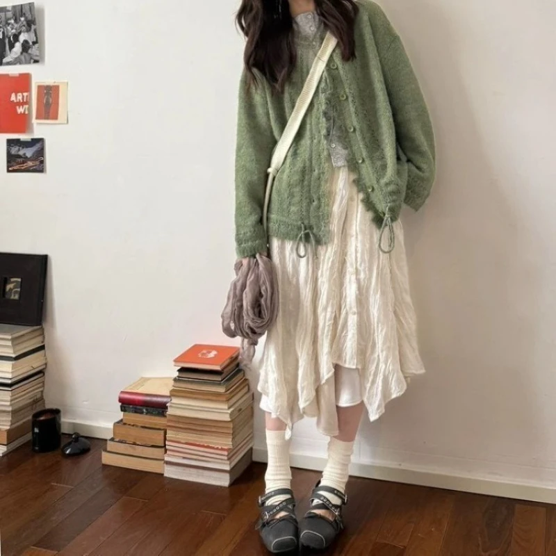 Solid Cardigans Hollow Out Autumn Winter Korean Fashion Versatile Women Sweaters Drawstring Versatile Sweet Sueteres Mujer