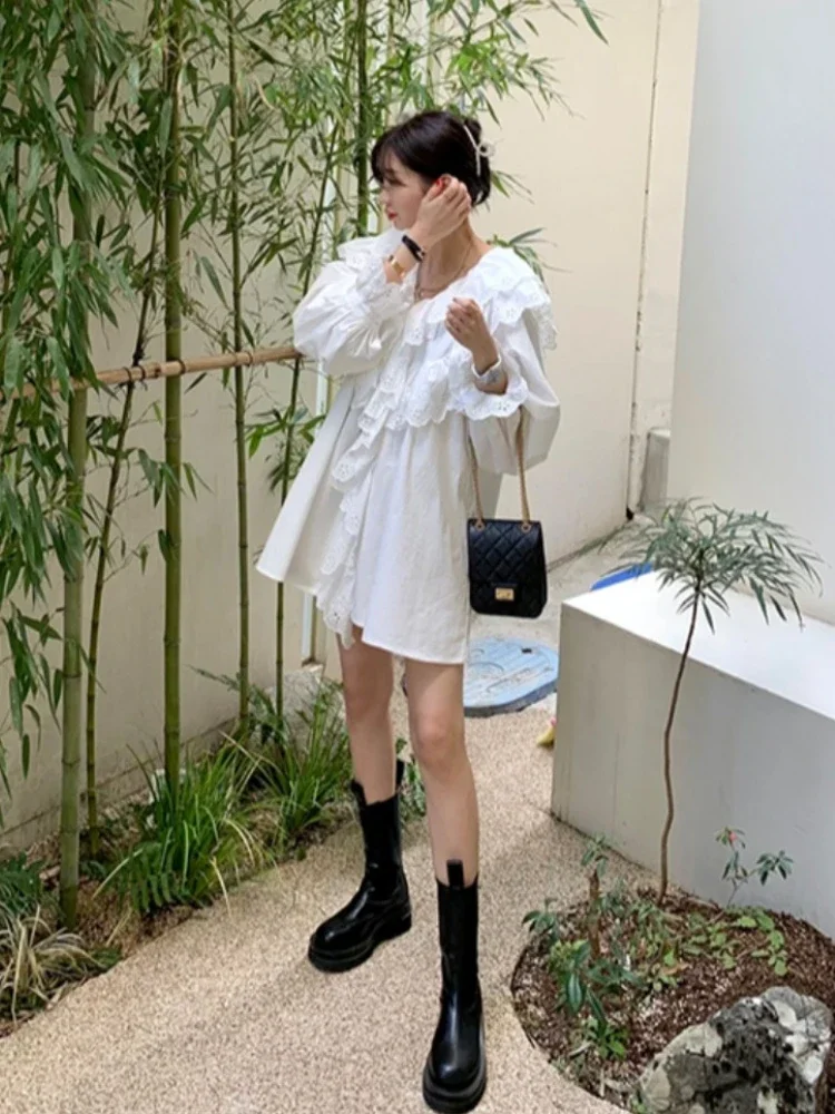 Korobov Fashion Lotus Collar Shirt Dress Hollow Lace Puff Sleeve Lantern Sleeve Vintage gonna corta a vita alta abiti coreani