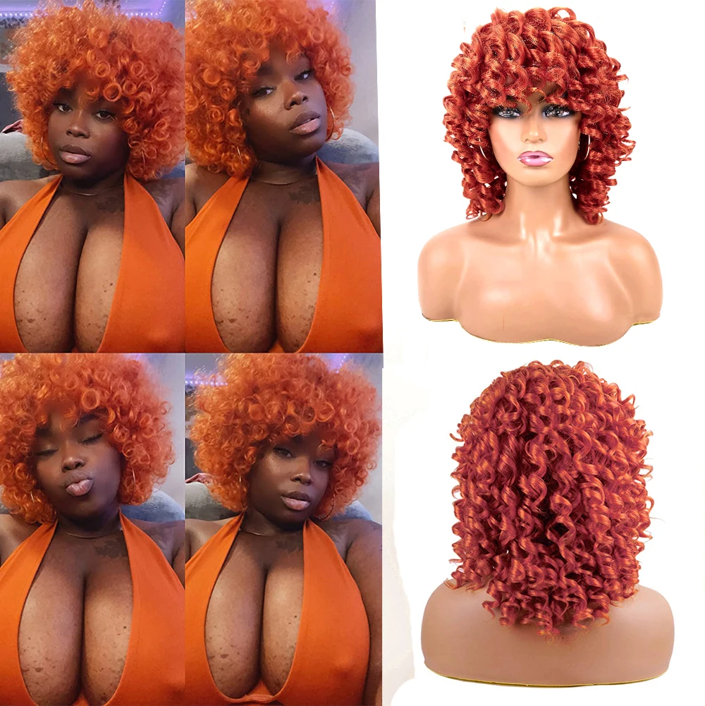 Short Bouncy Curly Bob Wig Ginger Afro Kinky Curly Wig For Women Copper Orange Synthetic Natural Cosplay Hair Wigs With Bang