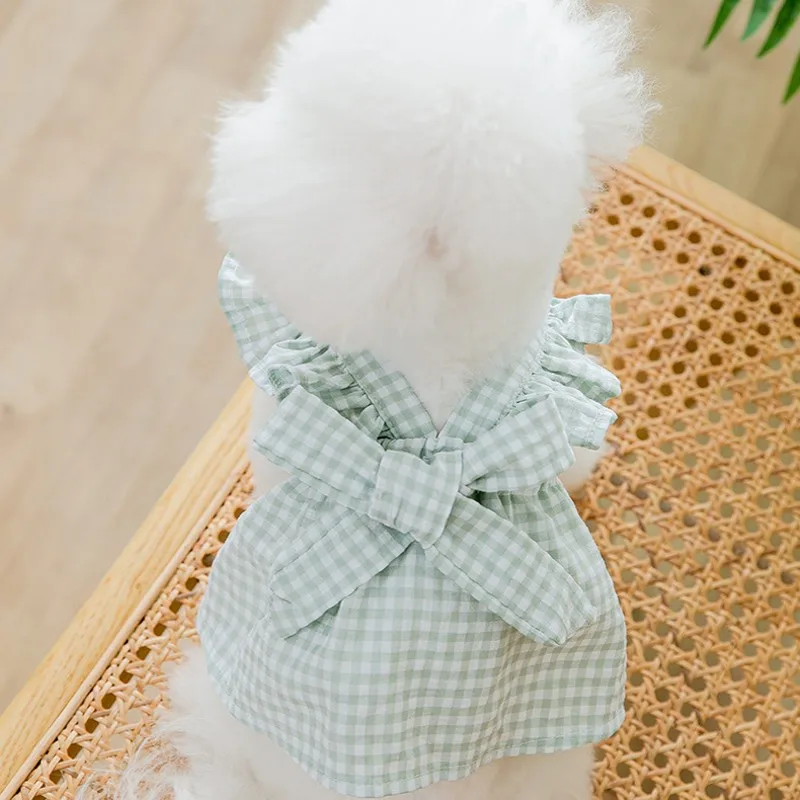 Summer Dog Clothes Puppy Plaid Suspender Skirt Luxury Dog Dress Pet Costume Chihuahua Bichon Yorkie Clothing Pink Dog Bow Vest