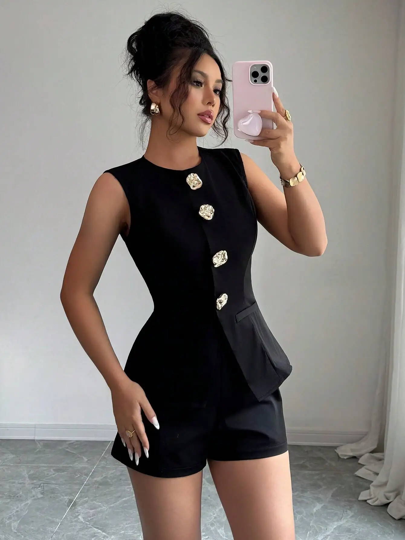 Black Women's Two-Piece Set with Gold Buttons & Peplum Waist, Sleeveless Top & Shorts for Office, Summer, Back to School