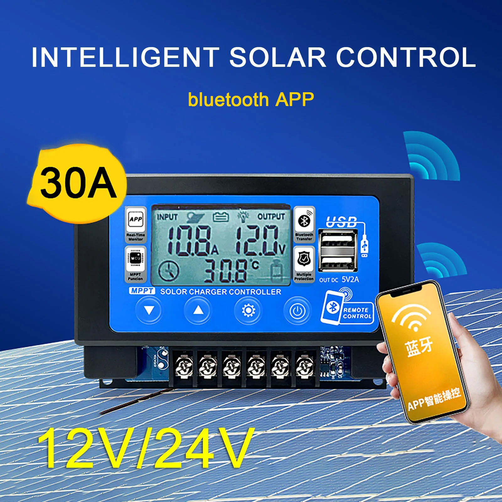 12V 24V 30A 60A Bluetooth Wifi Solar Charge Controller Embedded Snap-on Dual USB LCD Auto Cell MPPT Panel Charger Regulator