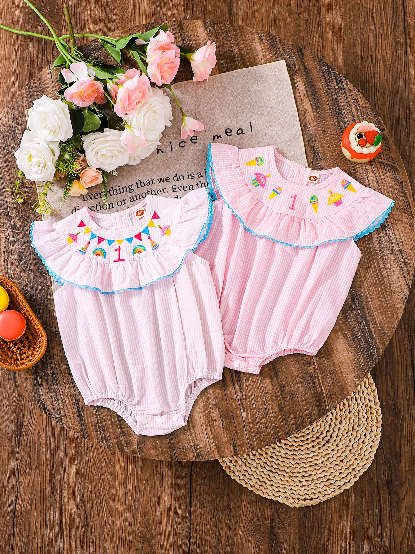 

0-2Y Cotton Ruffled Collar Summer Outfit Milestone Photoshoot New Arrival Baby Girl 1st Birthday Embroidered Gingham Romper