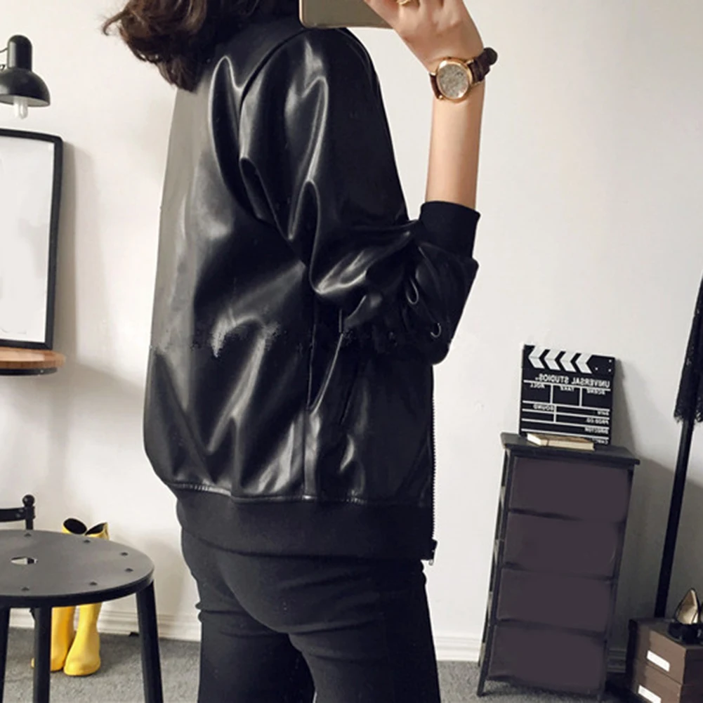 

Women's Casual PU Jacket with Long Lantern Sleeves and Zipper Front Collarless Design for Daily Office Dating and Seasonal Use