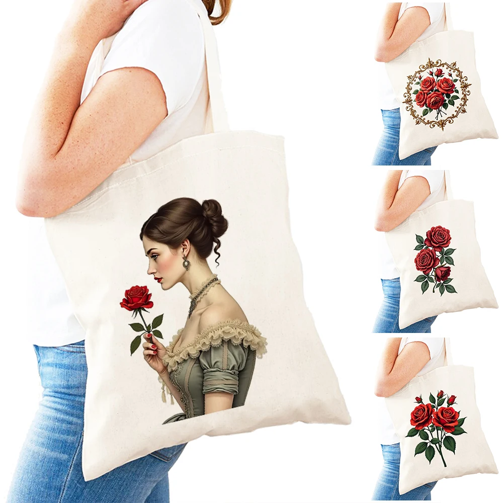 

Vintage Red Rose Lady Shopper Bags Double Print Ornate Women Daily use Shoulder Handbag Lightweight Minimalist Girl Shopping Bag