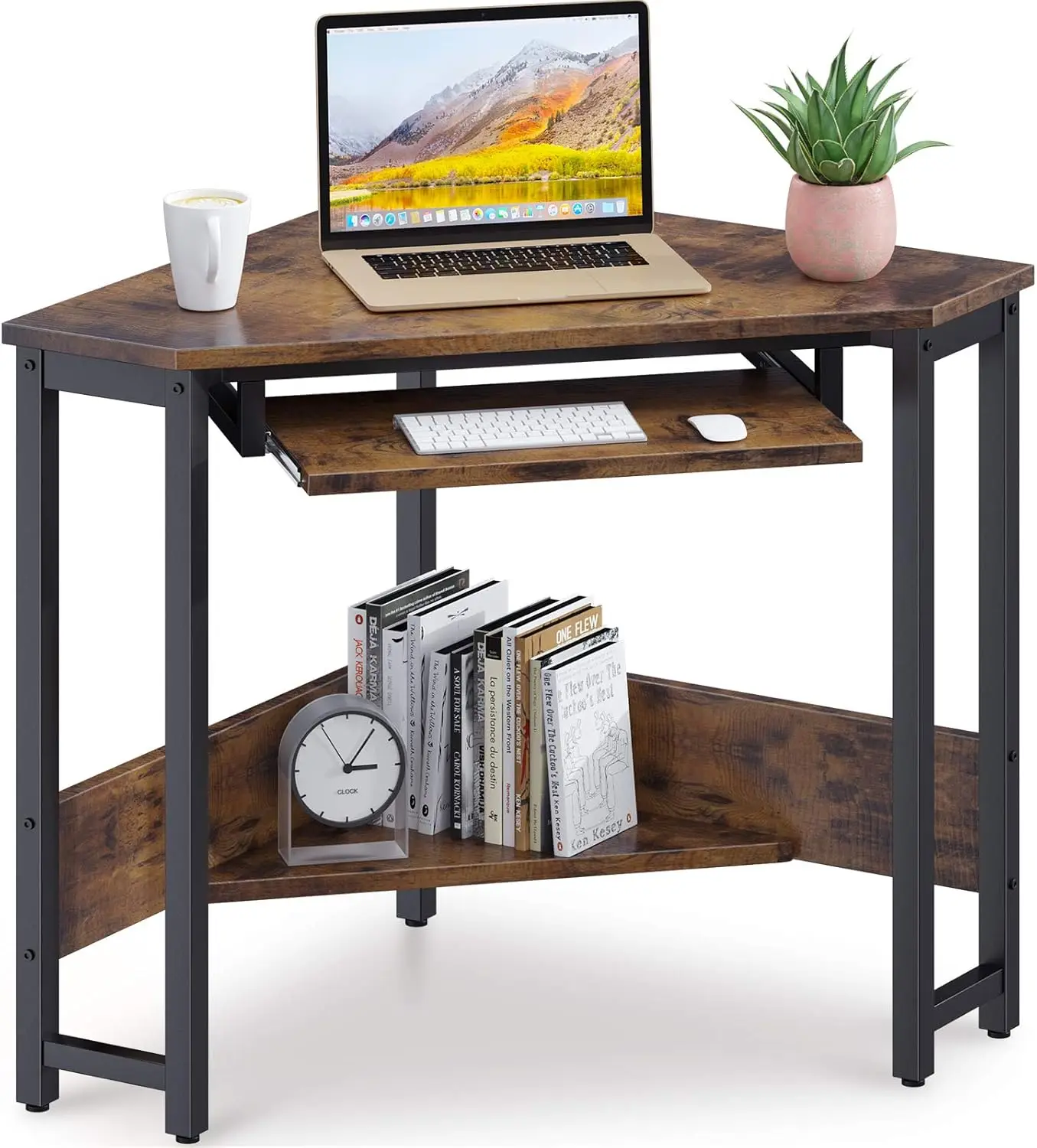 Corner Desk, Triangle Computer Desk, Small Desk Sturdy Steel Frame for Workstation with Smooth Keyboard Tray & Storage Shelv