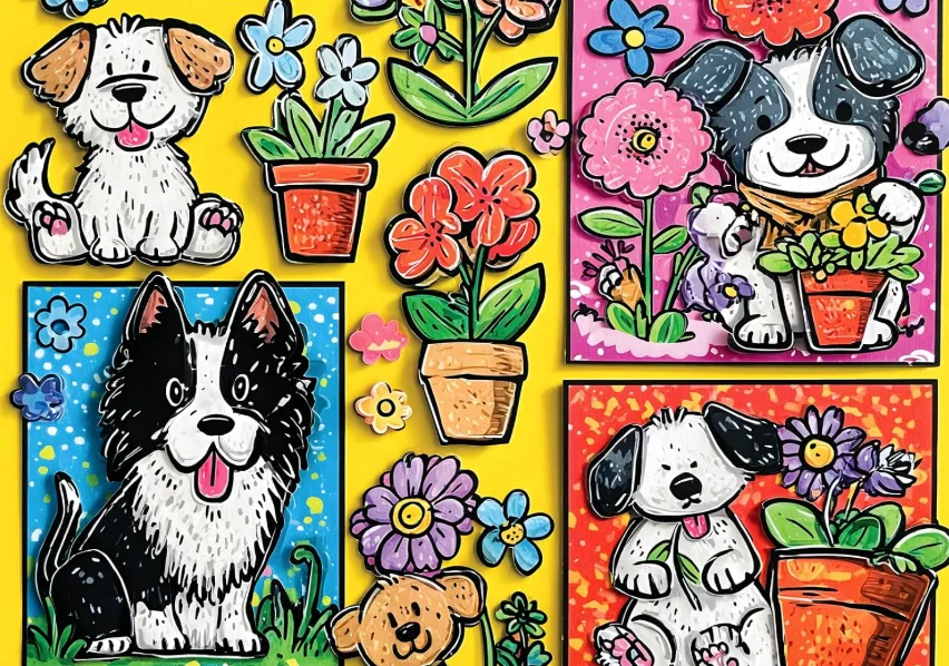 Jigsaw Puzzle 500/1000/1200/2000PCS Cute Cartoon Puppy Collage Potted Flower Bright Pop Art DIY Assembly Home Wall Decor
