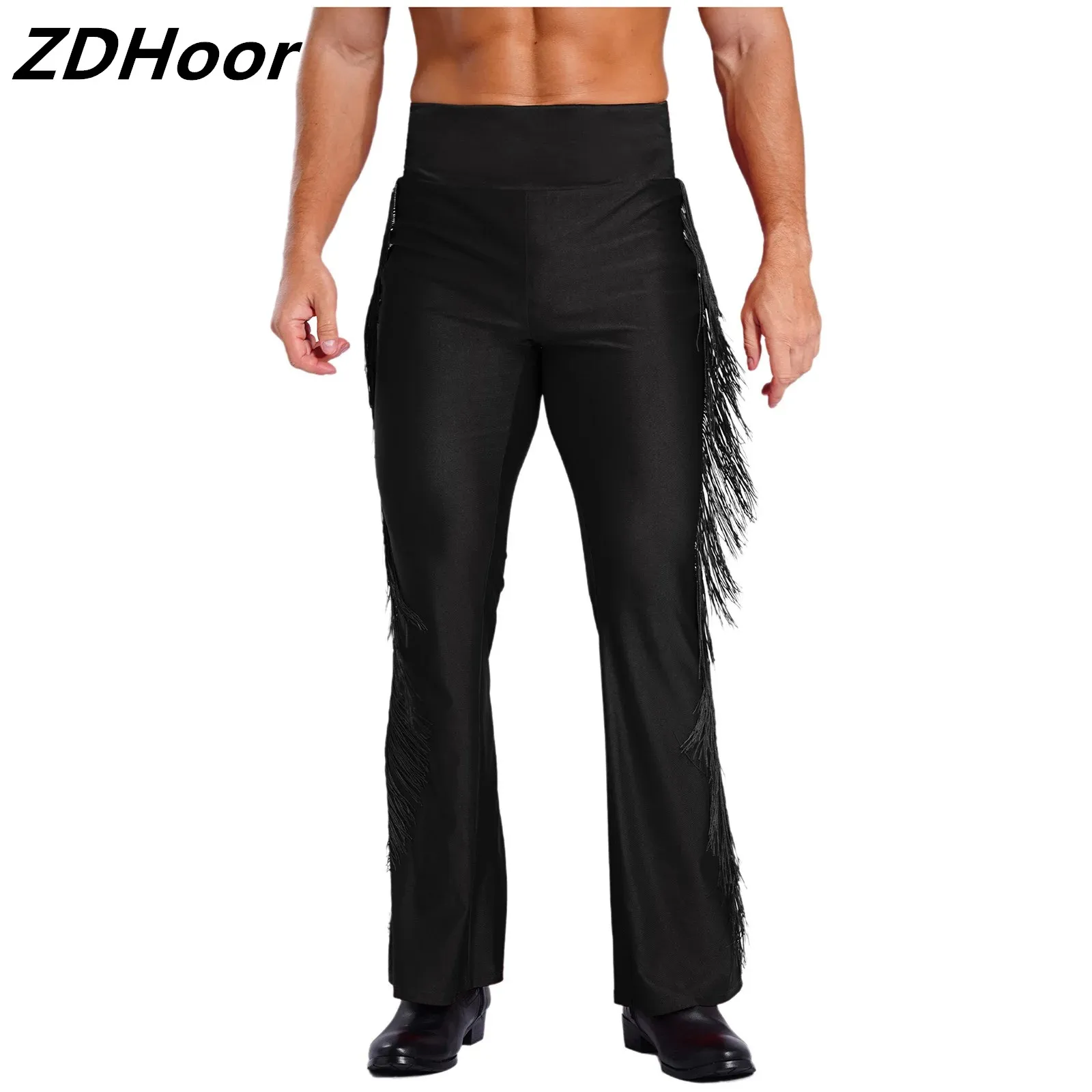 

Mens Latin Dance Pants Tassel Flared Pants Vintage High Waist Bell-Bottom Trousers for Stage Performance Theme Party