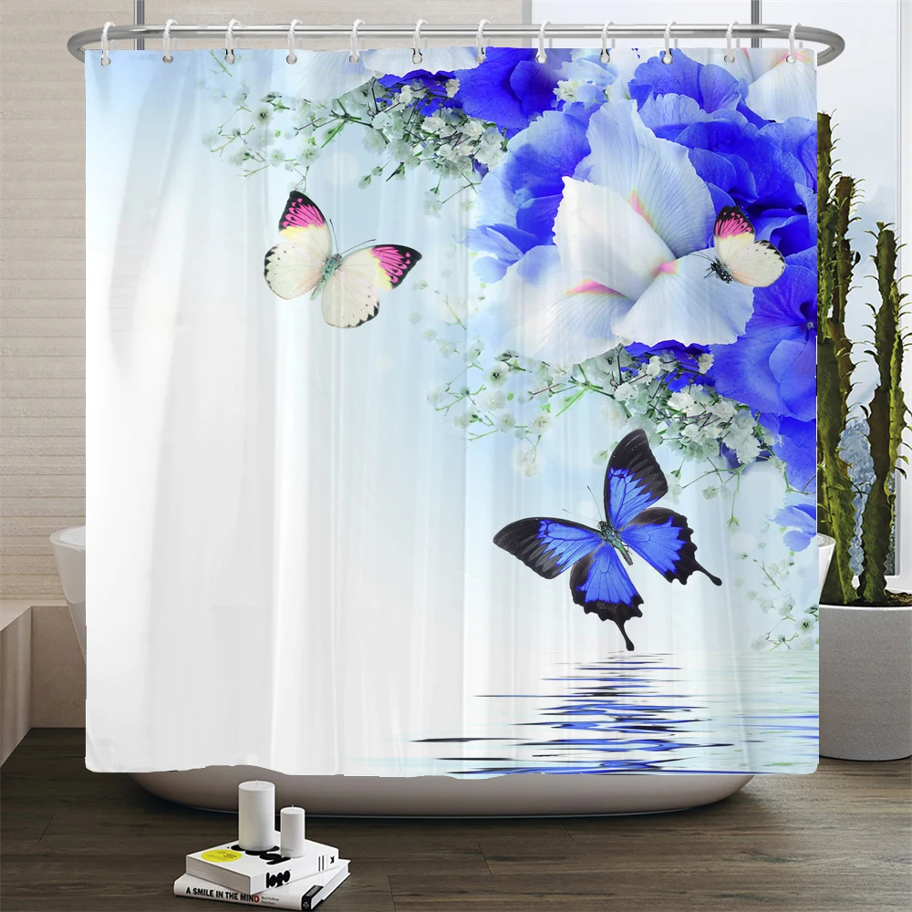 Floral Tulip Printing Shower Curtain Waterproof Polyester Bathroom  With Hooks Home Decor