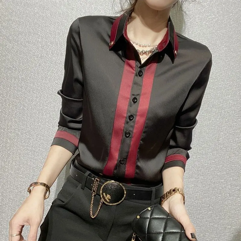 Women\'s Clothing Fashion Spliced Blouse Commute Single-breasted Korean Turn-down Collar Spring Autumn New Long Sleeve Slim Shirt