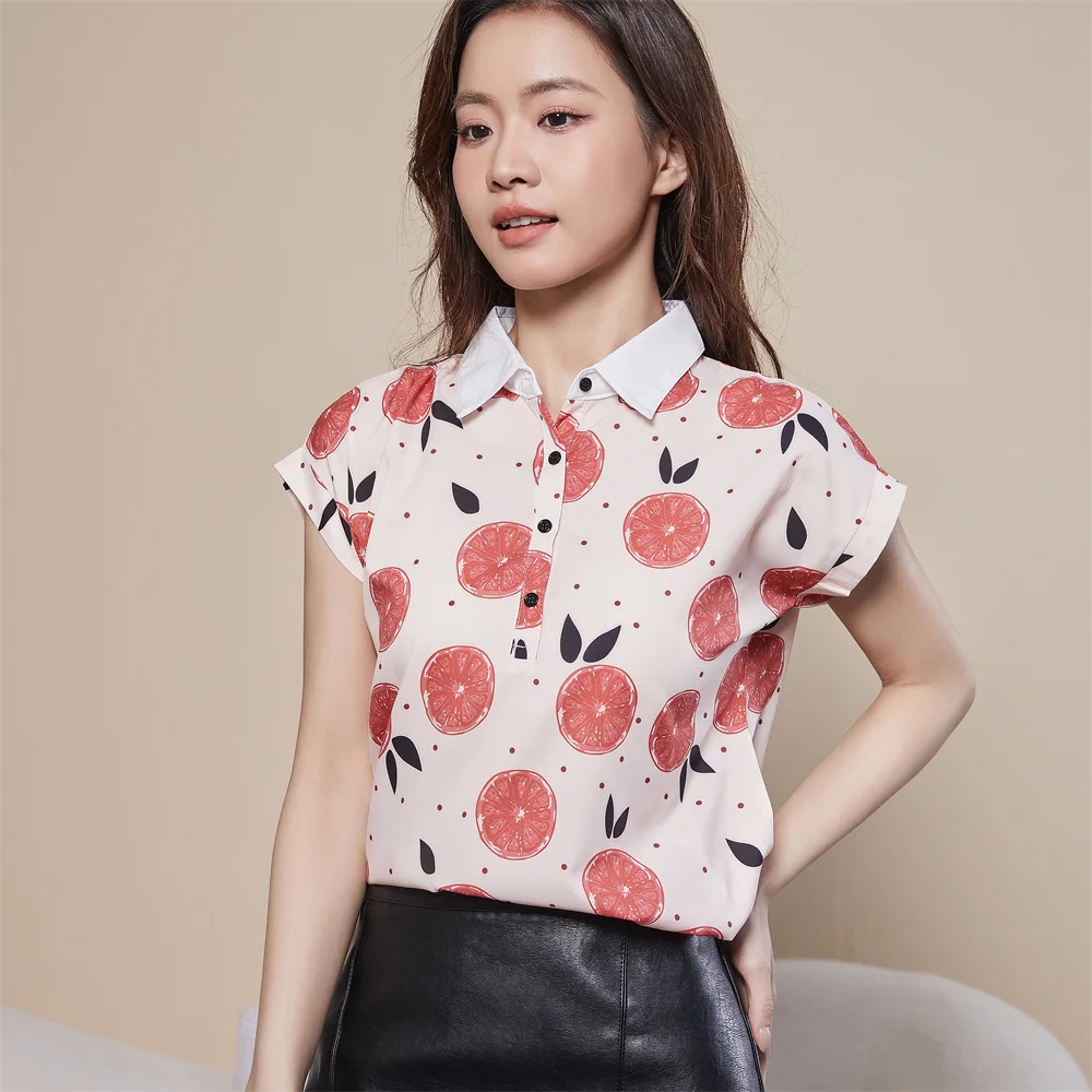 Women Spring Summer Style Blouses Shirt Lady Casual Short Sleeve Turn-down Collar Printed Casual Loose Tops