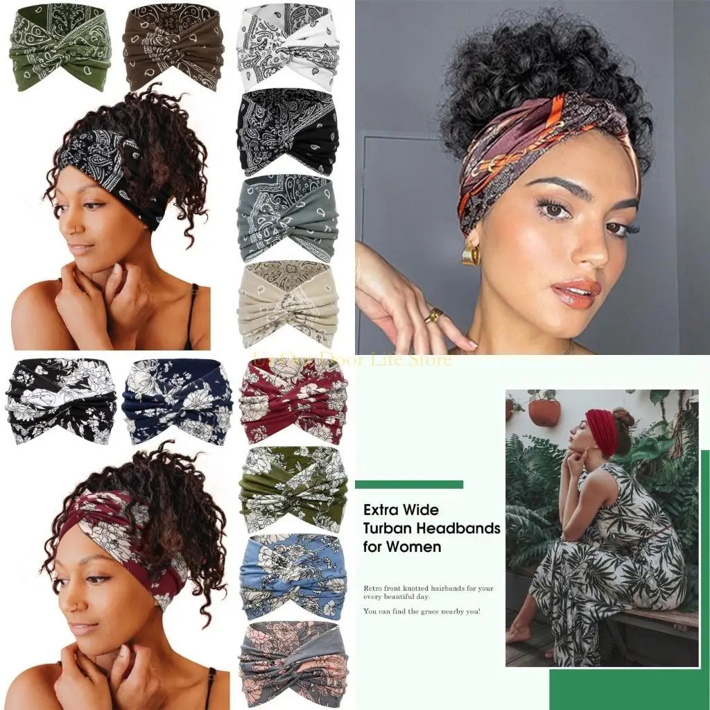 77UF Bohemian wide headband for women, sweat absorbing and anti slip yoga headscarf, sports fitness running headband, printed