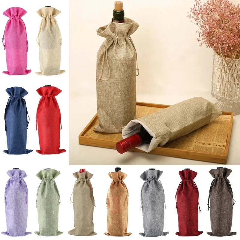 1pc Champagne Pouch Linen Wine Bottle Bags With Drawstring Wine Bag Holder Wedding Party Decoration Wine Bags Gift