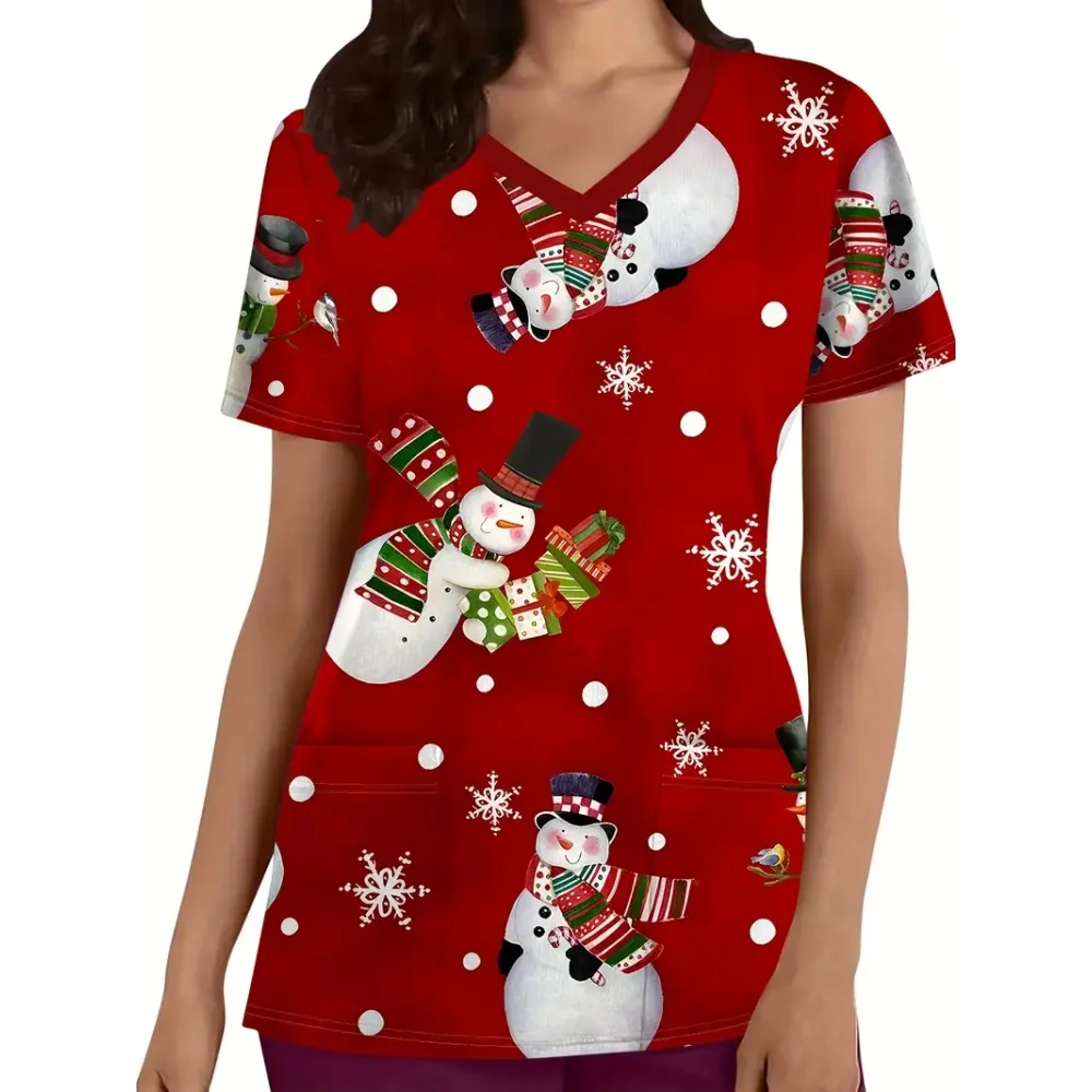 

Christmas Surgical Uniforms Woman Snowman Cartoon Print Spa Vet Short Sleeve Nursing Comfortable V-Neck Dentist Medical Uniforms