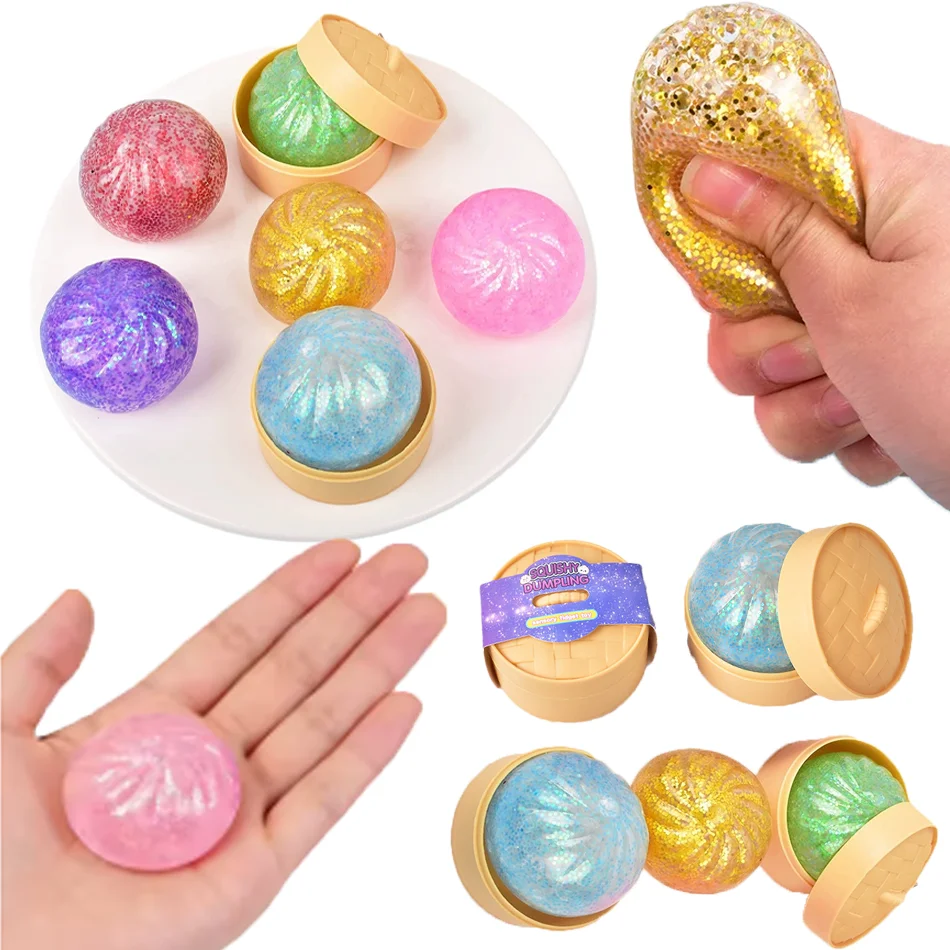 Colorful Glitter Dumpling Squishy Ball Sensory Squeeze Toy with Box Dumplings Sensory Squeeze Toy for Stress Relief