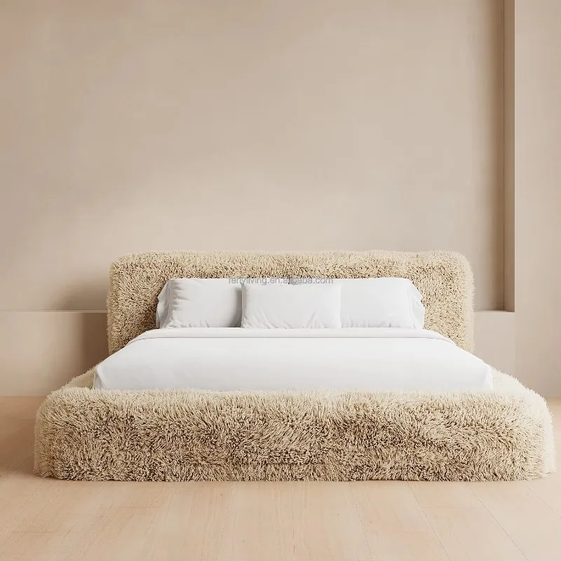 Luxurious and comfortable bedroom furniture set king bed classic double sheepskin platform bed
