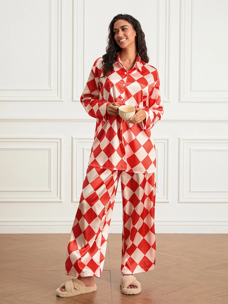 ผู้หญิง Checkerboard พิมพ์ Loungewear ชุดแขนยาวปุ่มลงเสื้อแขนยาวชุดนอนขนาดใหญ่