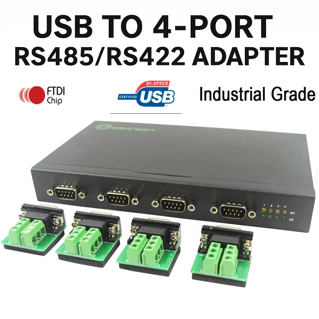

4 Ports RS422/RS485 Serial USB Hub with FTDI Chip Industrial USB to Quad DB9 RS-422/485 Converter Adapter for Windows/Linux
