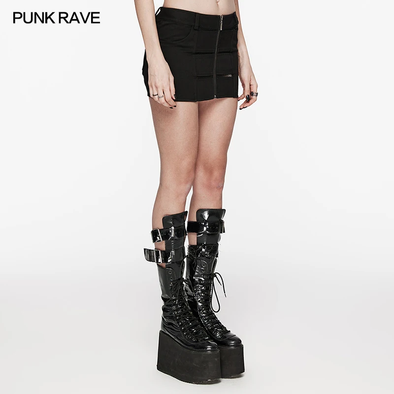 PUNK RAVE Women's Daily Punk Hollowing Out & Mesh Liner Sexy Denim Skirt Slim Design Women Clothes Black Mini Skirts