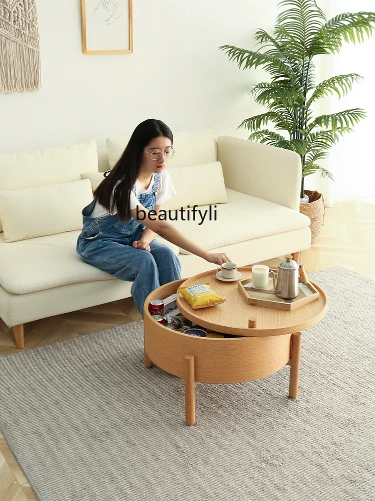 Asmt09 Nordic and Japanese Style Combined Tea Table Small Apartment Living Room Simple Log Storage Rotating Solid Wood round