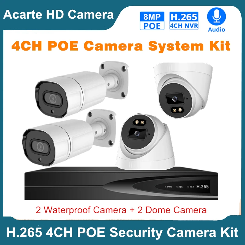 

Acarte-Outdoor Infrared Night Vision Video Security Surveillance Package, POE IP Camera, CCTV System, 4CH, H.265, NVR Kit, 5MP