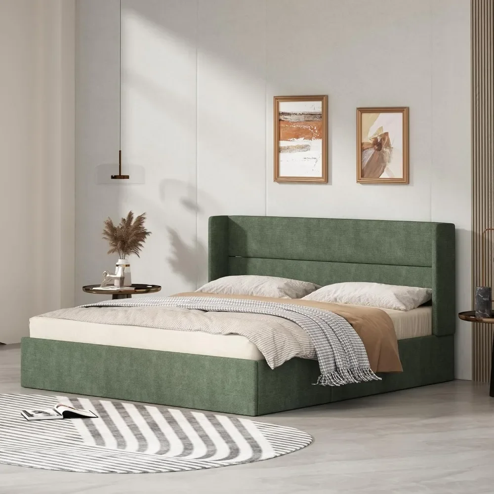 Rangka tempat tidur dengan penyimpanan, Platform berlapis kain dengan hidrolik, papan kepala Wingback kain flanel, dukungan Slat kayu tanpa suara