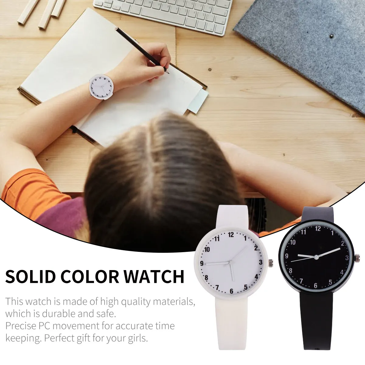2Pcs Solid Color Wristwatch Fashionable Student Gift for Teens Precise Pc Movement Comfortable Strap White Black view 4