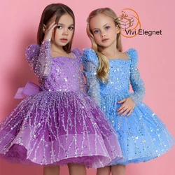 Customized A Line Sequined Pageant Gowns for Christmas Tutu Girls Flower Girl Dresses Full Sleeve Squarter فساتين اطفال لل