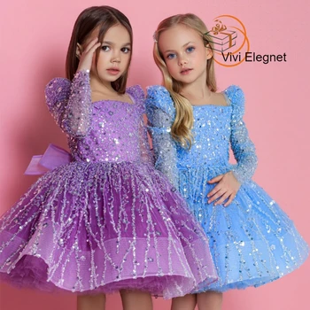 Suknie ślubne A Line Sequined Pageant Gowns for Christmas Tutu Girls Flower Girl Sukienki z pełnym rękawem Squarter فساتين Gracias ف uaál VV 980021
