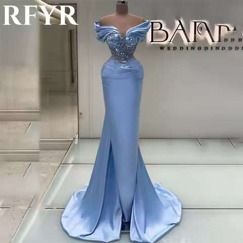RFYR Sky Blue Elegant Scoop Sequins Women Evening Dress with Pleats Off the Shoulder Trumpet Prom Formal Gowns Dress Customized