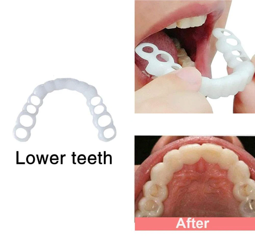 Perfect Fit Teeth Whitening Fake Tooth Cover Snap On Silicone Smile Veneers Teeth Upper Beauty Tool Cosmetic Teeth 2Pcs